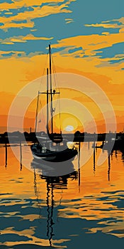 Colorful Pop Art Sunset Scene With Catalina 22 Boat In Kittery Harbor