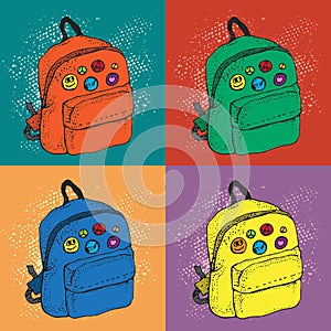 Colorful Pop art vector background of school backpack with badges. Cartoon style pattern. photo