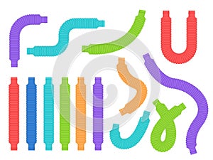 Colorful pop tubes. Different shapes bended kids sensory toys, trendy antistress flexible elements, corrugated plastic