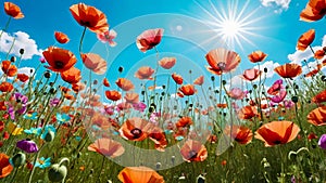 Colorful poppy flowers in the meadow against blue sky at sunny day.Natural floral background.