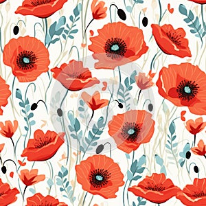 Colorful Poppy Vector Pattern Illustration On White Background