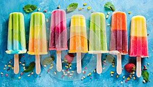 Colorful popsicles on blue background. Bright ice-cream. Frozen juice. Top view