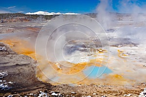 Colorful Porcelain Basin area trail in Yellowstone National Park, Wyoming