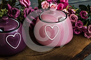 Colorful Porcelain Spice Jars With Heart Pattern and Spoon