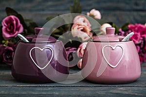 Colorful Porcelain Spice Jars With Heart Pattern and Spoon