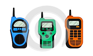 Colorful Portable Radio Device or Walkie Talkie with Antenna Vector Set