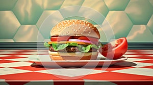 Colorful Portobello Burger On Plate With Vray Tracing