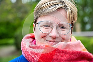 Colorful portrait of a 38 yo white woman with short hair, Brussels, Belgium