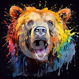 Colorful portrait of a bear on a black background with splashes. Generative AI