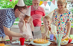 Colorful portrait of happy family celebrate birthday and grandpa