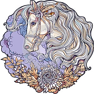 Colorful portrait of a horse with clouds and flowers