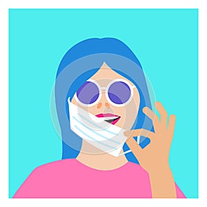 Colorful portrait of smilling woman with round glasses. Girl taking off medical protective mask on turquoise n neon blue