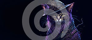 A colorful portrait of a steampunk cat on black background. Generative AI.
