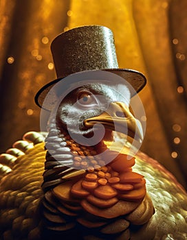 Colorful portrait of a Turkey wearing a top hat.