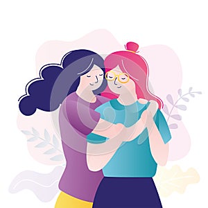 Colorful portrait of two best friends. Cute homosexual couple hugging. Women hug each other