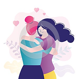 Colorful portrait of two best friends. Cute homosexual couple hugging. Women hug each other. Female friendship. Meeting with loved