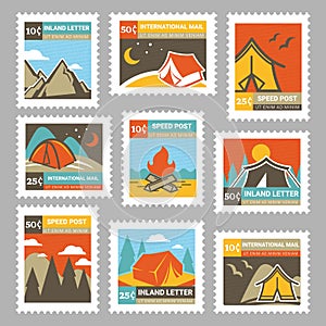 Colorful postage stamp with travel camping element