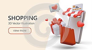 Colorful poster with 3d mobile phone, gift, shopping bag and gift box