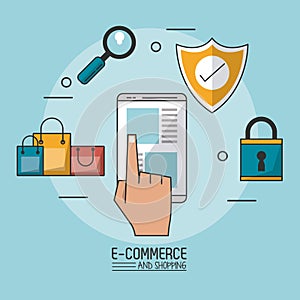 Colorful poster in blue background of e-commerce and shopping with smartphone in closeup and buying process icons