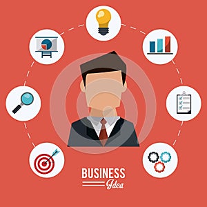 Colorful poster of businessman with icons set steps business idea