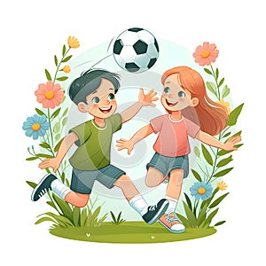 Colorful poster of children playing ball in summer.