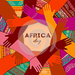Colorful poster with circle of hands. Africa day, together, community concept design. Modern minimalist style