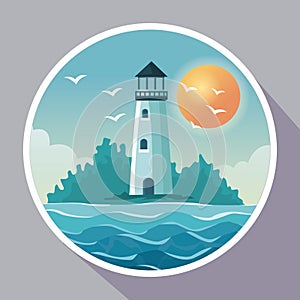 Colorful poster with circular frame of seaside with lighthouse in coast with sun in the sky