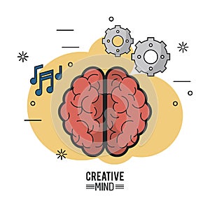 Colorful poster of creative mind with the brain top view of its two hemispheres and icons of pinions and musical notes