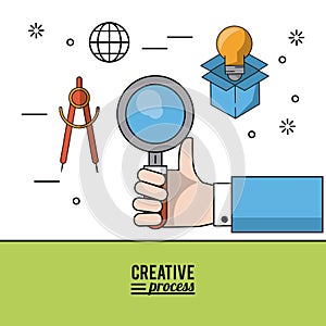 Colorful poster creative process with hand holding magnifying glass and icons of compass and light bulb in cardboard box