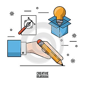 Colorful poster creative process of hand with pencil making line and icons of light bulb in cardboard box and fountain