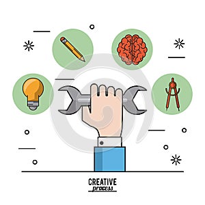 Colorful poster creative process of hand with wrench and icons on top of light bulb and pencil and brain and compass