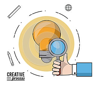 Colorful poster creative process with silhouette of hand with magnifying glass over light bulb