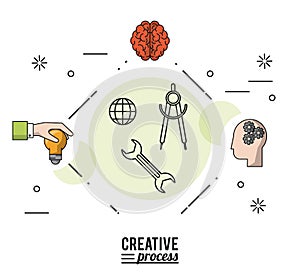 Colorful poster creative process with silhouettes of hand with light bulb and brain and face with pinions
