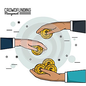 Colorful poster of crowd funding management with hands with money