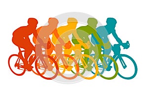 Colorful poster with cyclists riding bicycles. Cycling poses in bright silhouettes. Bicycle road racers. Competition and marathon.