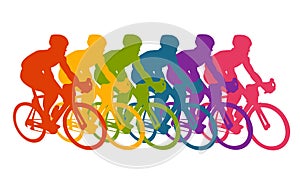 Colorful poster with cyclists riding bicycles. Cycling poses in bright silhouettes. Bicycle road racers. Competition and marathon.