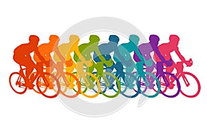 Colorful poster with cyclists riding bicycles. Cycling poses in bright silhouettes. Bicycle road racers. Competition and marathon.