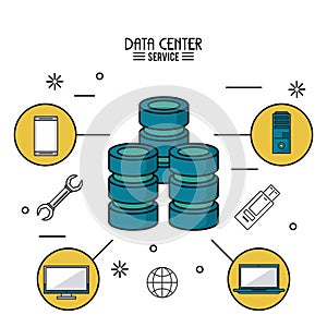 Colorful poster of data center service with computer server and icons around