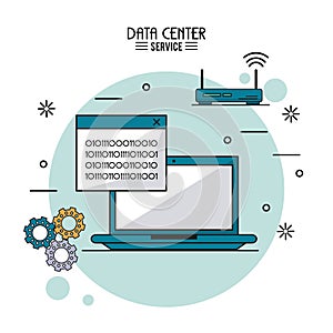 Colorful poster of data center service with laptop computer with binary window and wireless router