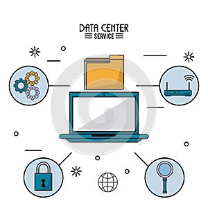 Colorful poster of data center service with laptop computer and icons around