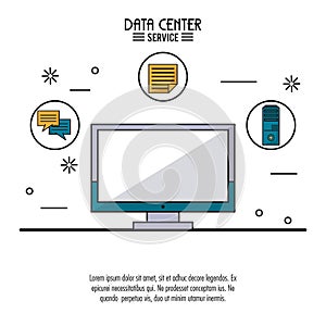 Colorful poster of data center service with lcd monitor and tools icons on top