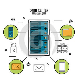 Colorful poster of data center service with rack server and icons around