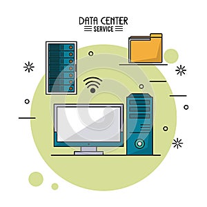 Colorful poster of data center service with rack server and tower server and monitor and folder