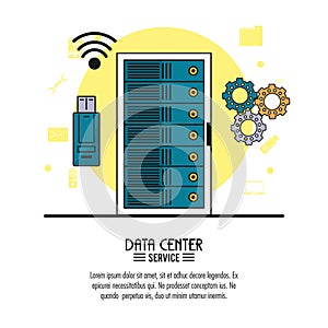 Colorful poster of data center service with rack server and usb memory and tools