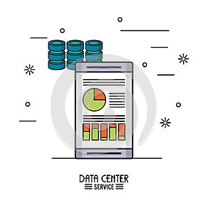 Colorful poster of data center service with smartphone with storage data info of server