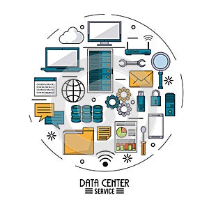 Colorful poster of data center service with tech device icons in shape of circle