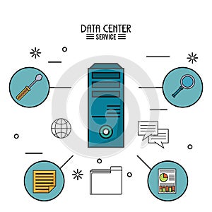 Colorful poster of data center service with tower server and icons around