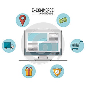 Colorful poster of e-commerce and shopping with desktop computer in closeup and commerce icons in spheres around