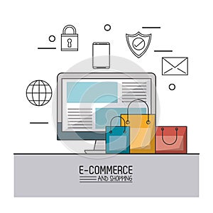 Colorful poster of e-commerce and shopping with desktop computer and shopping bags and monochrome icons on top