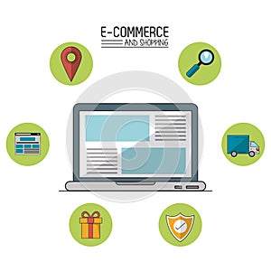 Colorful poster of e-commerce and shopping with laptop computer in closeup and commerce icons in spheres around